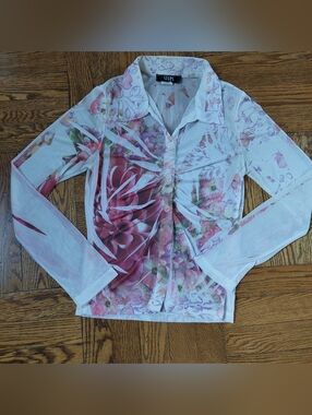 Steps Women's Small Sheer Floral Button-Front Cardigan - Pink & White